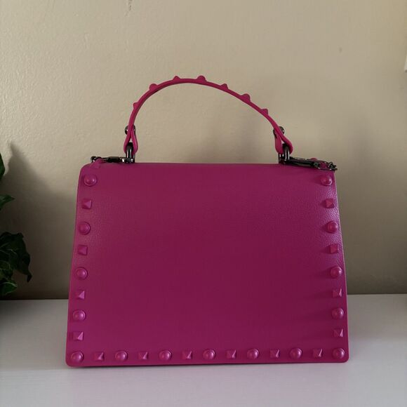 Hot Pink Handbag Spiky Studded Over Flap Top Handle Purse Bold Shoulder Strap - Picture 3 of 9